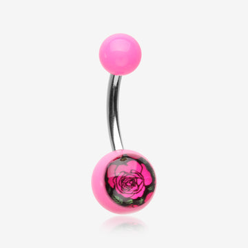 Romantic Rose Flower Acrylic Logo Belly Button Ring-Pink